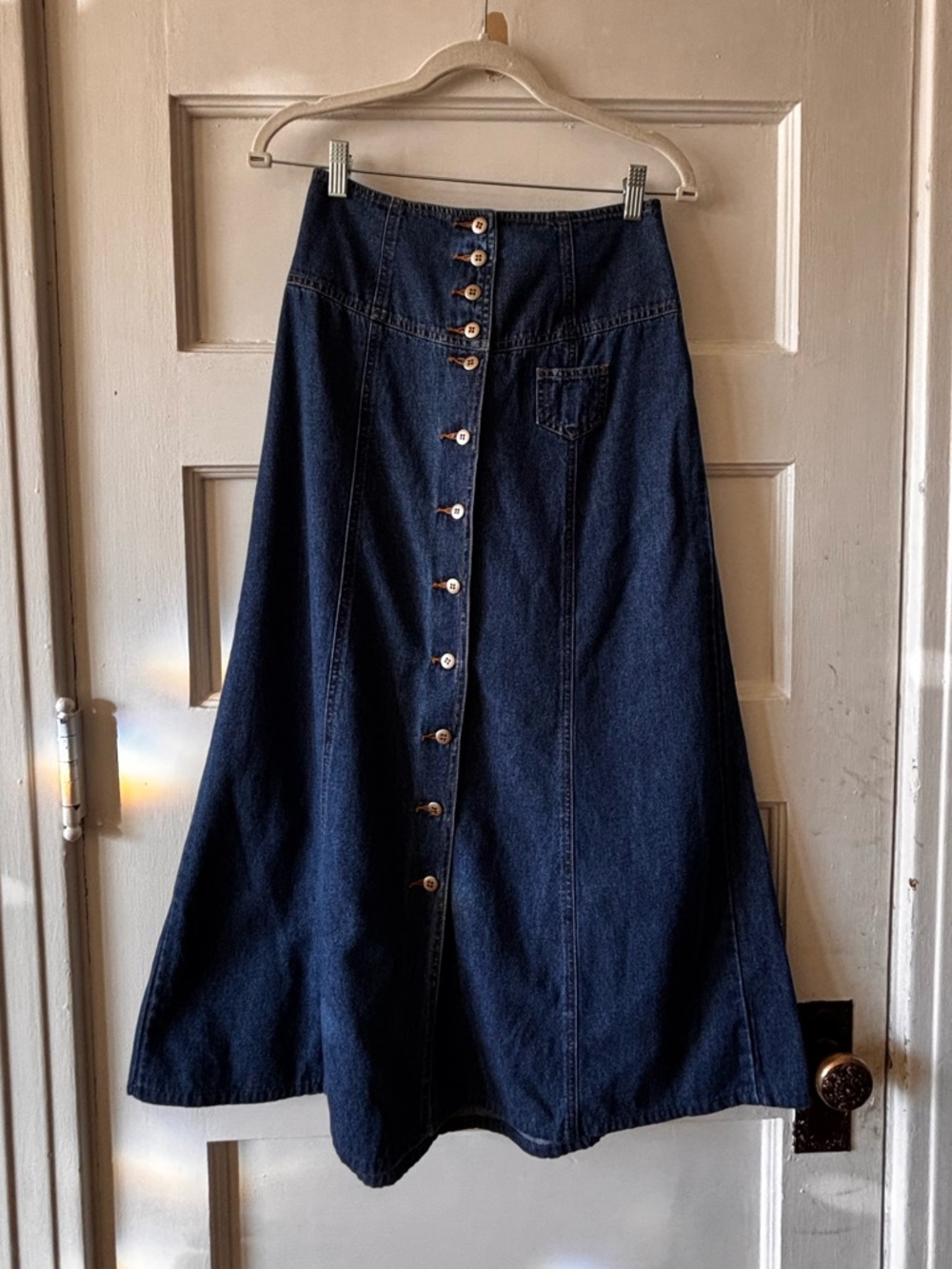 Together Dark Blue Button-Front Maxi Denim Skirt Lace Up Back